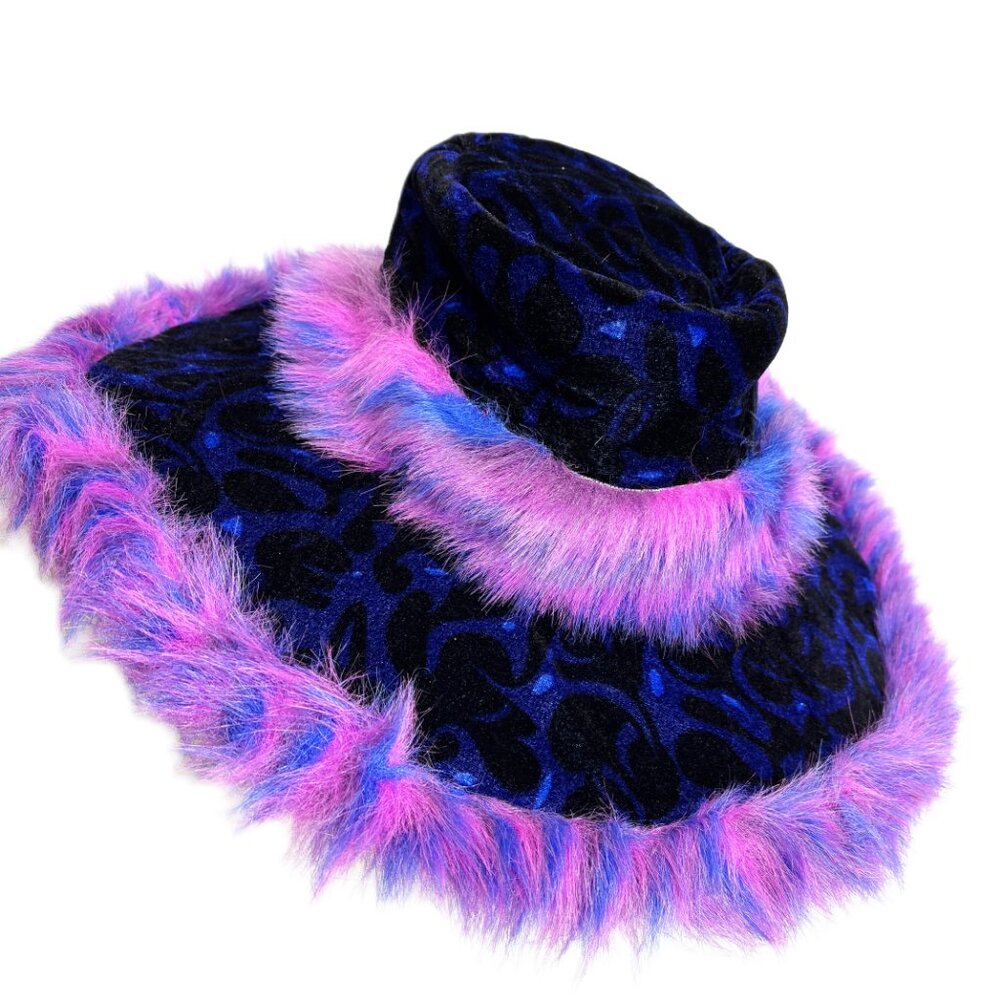 70’s Style  Pimp Big Daddy Blk Blue Paisley Velvet Hat Vtg